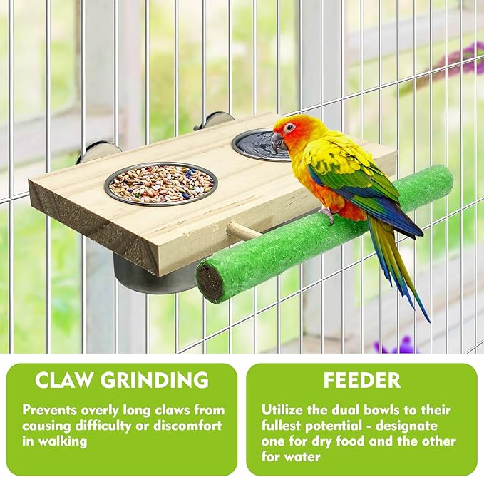 Tfwadmx Bird Feeding Dish Cups with Wooden Platform Hanging Stainless Steel Parrot Cage Feeder Bowl Wood Perch Stand for Parakeet Cockatiels Lovebirds Budgie (Medium)