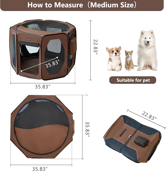Dog Playpen, Cat Dog Crate Portable Pet Exercise Cage Kennel House Puppy Playpen Animal Playpen Indoor/Outdoor, Water-Resistant Kennel Tent with Traveling Bag (Brown, Medium)