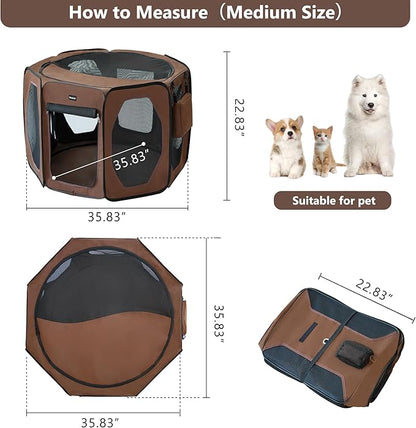 Dog Playpen, Cat Dog Crate Portable Pet Exercise Cage Kennel House Puppy Playpen Animal Playpen Indoor/Outdoor, Water-Resistant Kennel Tent with Traveling Bag (Brown, Medium)