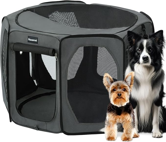 Dog Playpen, Cat Dog Crate Portable Pet Exercise Cage Kennel House Puppy Playpen Animal Playpen Indoor/Outdoor, Water-Resistant Kennel Tent with Traveling Bag (Grey, Large)