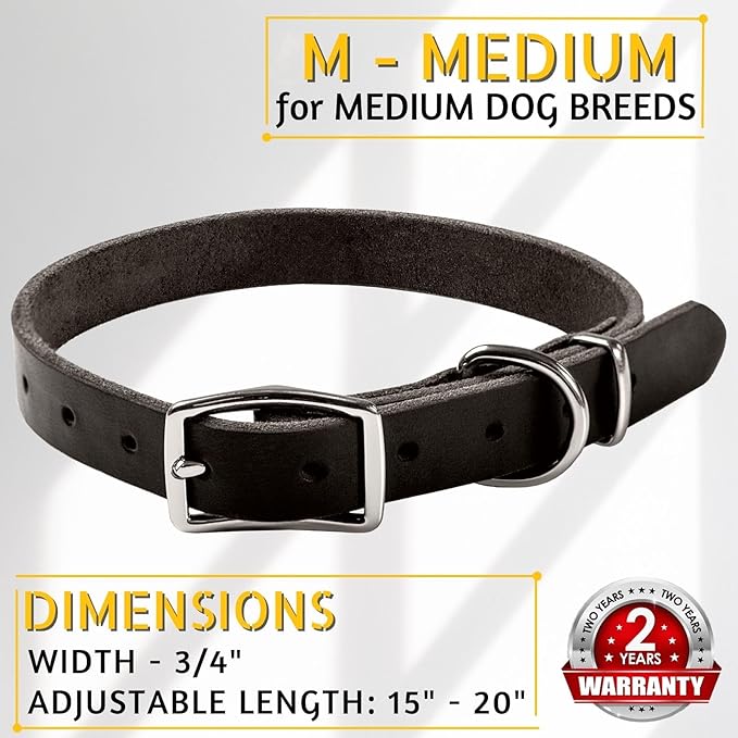 ADITYNA - Leather Dog Collar for Medium Dogs - Classic Style, Soft and Strong, Heavy Duty, Top-Grain Leather, Handmade - for Walking, Training, Hunting, and Running (M - Neck: 15-20 inches, Black)
