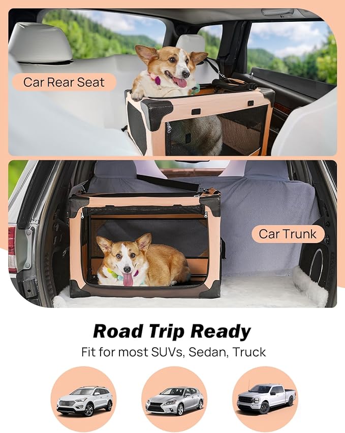 JOYTUTUS Collapsible Dog Crate, 26 Inch Portable Pet Crate for Car, Travel Dog Kennel Foldable Dog Crate for Medium Dog 44lbs, Soft Cat Carrier Fit for Indoor & Outdoor/Car Back Seat/Trunk (Orange)