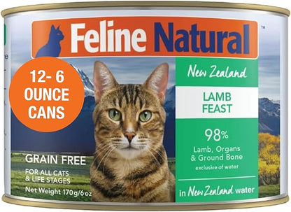 Feline Natural Wet Cat Food Pate, Lamb Feast, 6 Oz Cans (Pack of 12), Grain Free, Made in New Zealand with Grass-Fed, Free-Range Lamb, Single Source, Limited Ingredient