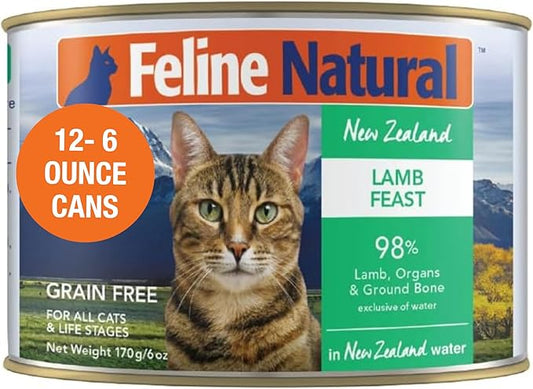 Feline Natural Wet Cat Food Pate, Lamb Feast, 6 Oz Cans (Pack of 12), Grain Free, Made in New Zealand with Grass-Fed, Free-Range Lamb, Single Source, Limited Ingredient