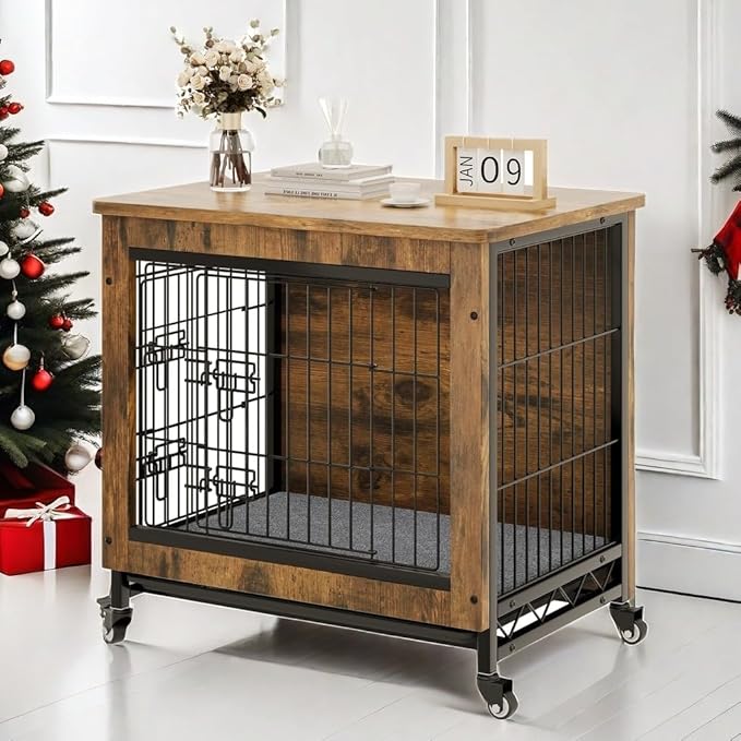 YITAHOME Dog Crate Furniture with Cushion, Dog Kennel Indoor with Wheels, 27" Dog Cage with Double Doors for Small Dog (Rustic Brown)