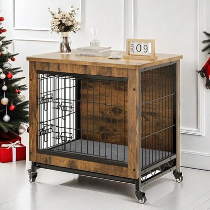 YITAHOME Dog Crate Furniture with Cushion, Dog Kennel Indoor with Wheels, 27" Dog Cage with Double Doors for Small Dog (Rustic Brown)