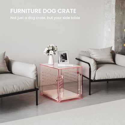 Sumerflos Acrylic Dog Crate Furniture - Clear Pink Dog Kennel End Table for Small Dog Cat Pet, Indoor Lockable End Table Dog Crate Ventilated See-Through, 23.6" L x 17.7" W x 20.0" H
