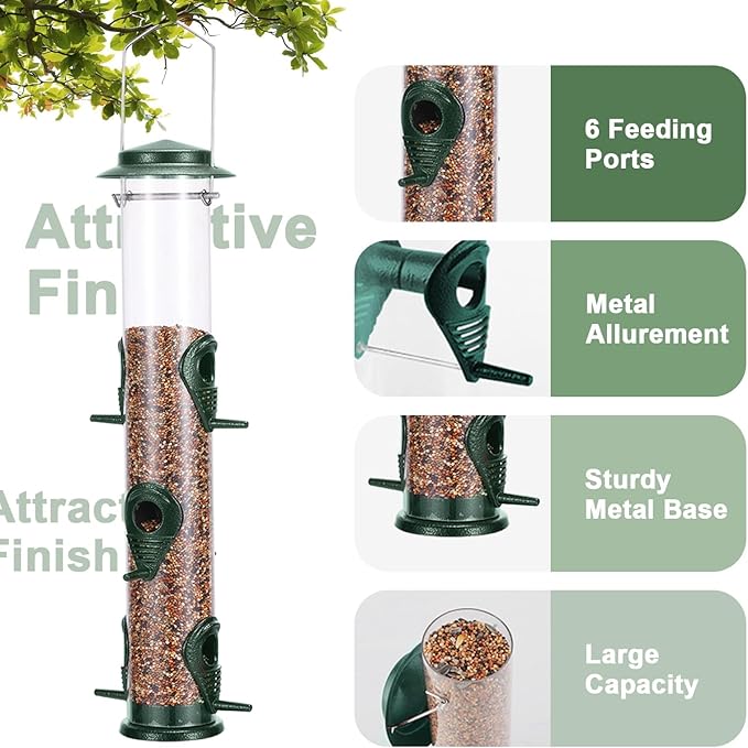 MIXXIDEA 2PK Metal Bird Feeders with 6 Feeding Ports,Tube Bird Feeder with Steel Hanger,Wild Bird Feeder for Outdoors Hanging, Attracting Birds in Your Lawn, Garden, Balcony (Green)