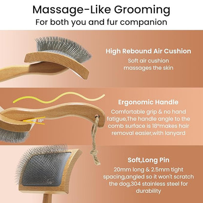 Dog Slicker Brush for Shedding,Dog Brush for Long Haired Dogs & Remove Tangles & Mats,Ergonomic Handle Grooming Like Professional,Beech Wood,S