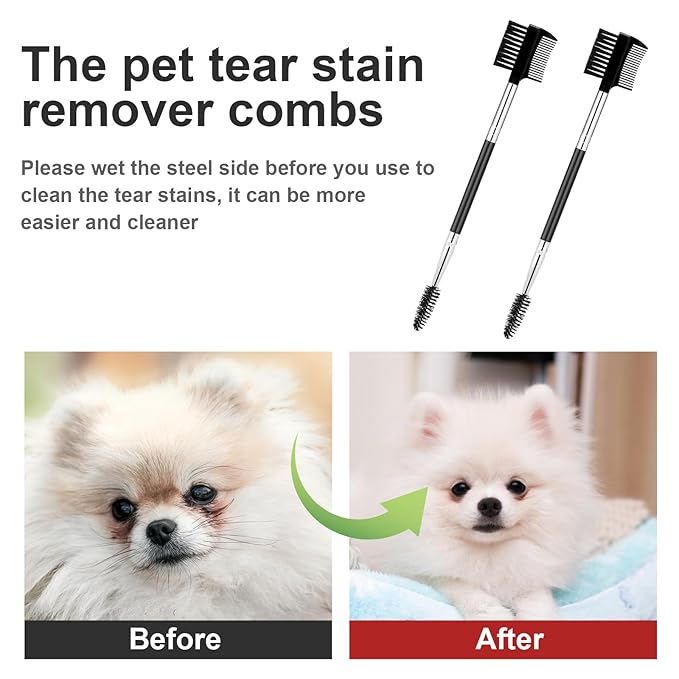 2 Pcs Double-Sided Grooming Comb - Tear Stain Remover and Eye Cleaning Brush for Dogs and Cats
