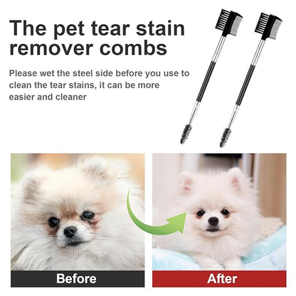 2 Pcs Double-Sided Grooming Comb - Tear Stain Remover and Eye Cleaning Brush for Dogs and Cats