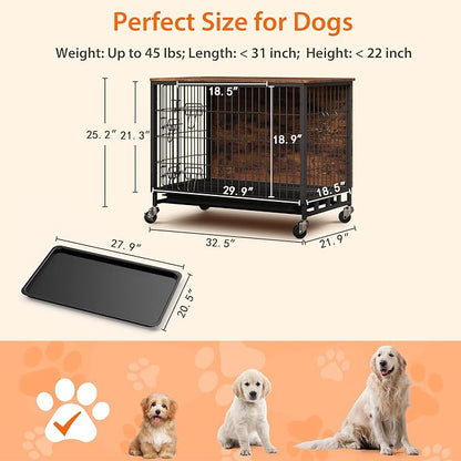 Dog Crate Furniture, 32.5" L Indoor Kennel with Double Doors, Wheels & Removable Tray, Sturdy Dog Cage with Easy Assembly, Rustic Brown