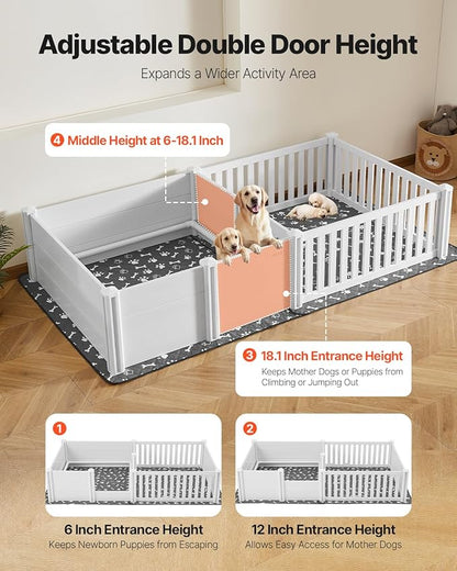 VEVOR Dogs Whelping Box, 93.3x48.4x18.1 inch, Plastic PVC Puppies Playpen with Height Adjustable Door and Washable Pee Pad, 2-Room Layout Indoor Puppy Play Pen for Extra Large Breed Dogs, Milk White