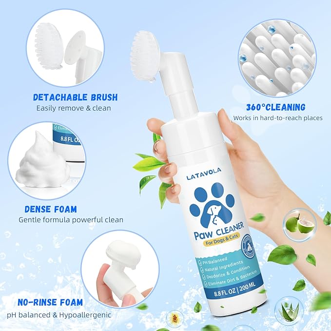 Dog Paw Cleaner, No-Rinse Foaming Cleanser, Moisturizing & Deodorizing Paw Wash with Silicone Bristle Brush, Deep Clean, Easy & Portable Paw Cleaner for Dogs