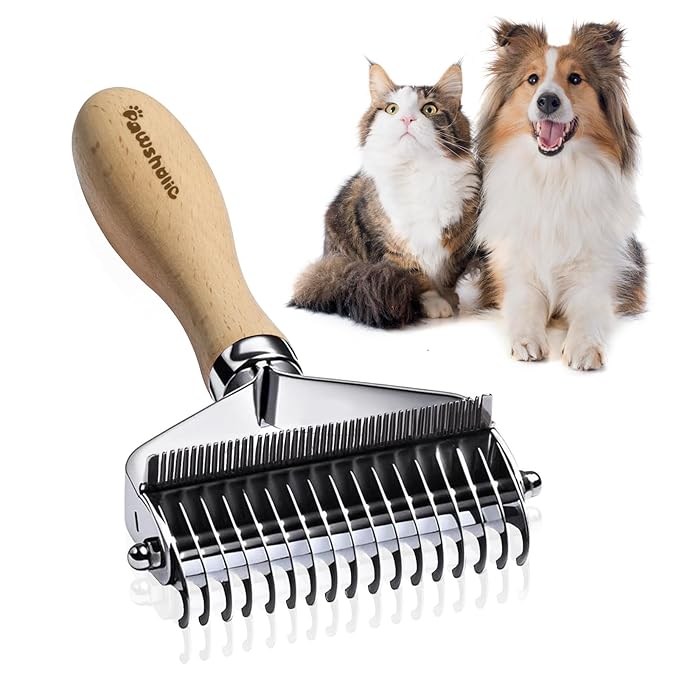 3-in-1 Professional Pet Shedding Dematting Comb - Deshedding Undercoat Rake for Dogs with Stainless Steel Blades Metal Pet Brush with Wood Handle Matted Hair Detangling Thinning and Shedding