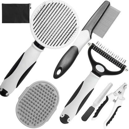 Dog Brush for Shedding, 7 PCS Dog Grooming Brush Kit, Undercoat Rake, Slicker Brush, Deshedding Comb, Bath Brush, Nail Clipper for Long & Short Haired Dogs & Cats, Black