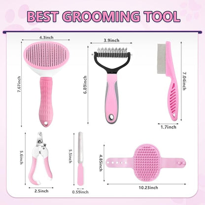 Dog Brush Dog Grooming Kit 6PCS Dog Brush for Shedding-Dog Brushes for Grooming, Dematting Comb for Dogs, Cat & Dog Nail Clipper with Nail File, Flea Comb, Dog Bath Brush-Pink