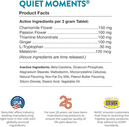 NaturVet Quiet Moments Calming Aid Dog Supplement, Helps Promote Relaxation, Reduce Stress, Storm Anxiety, Motion Sickness for Dogs (Quiet Moments Melatonin, 60 Soft Chews)