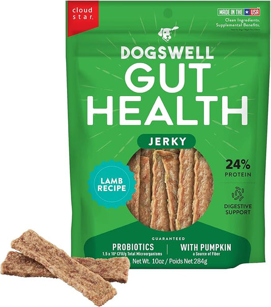 DOGSWELL Gut Health Meaty Jerky Dog Treats, Lamb, 10 oz. Pouch