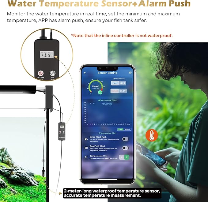 GLOWRIUM Smart Aquarium Light, Bluetooth + WiFi Dual Control Freshwater Fish Tank Light with App, Multi-preset Spectrum, Brightness Adjustable, Anti-Drop, Real Time Water Temperature Sensor (48-60 in)