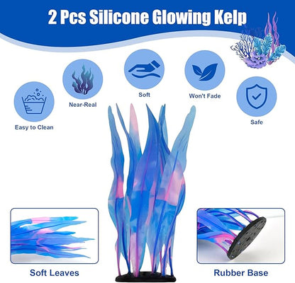 Kaiyuan Dynasty 2pc Silicone Aquarium Plants Artificial Plants for Fish Tank Glowing Kelp Aquarium Plant Decor Fish Tank Plants Simulation Artificial Water Grass,7inch,Blue