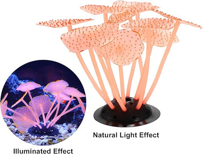 VOCOSTE Soft Silicone Glowing Aquarium Mushroom Coral, Fluorescence Aquatic Artificial Coral for Fish Tank Decoration, Orange