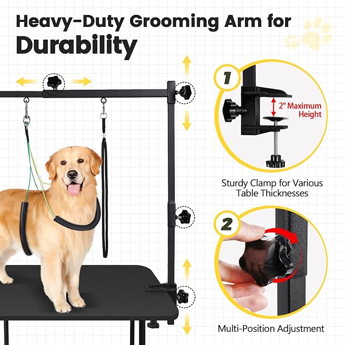 Dog Grooming Table Arm - Adjustable 35" Height, 32"-47" Width, Dog Grooming Arm with Clamp and No-Sit Haunch Holders - Perfect for Medium & Large Pets (Grooming Table Not Included)