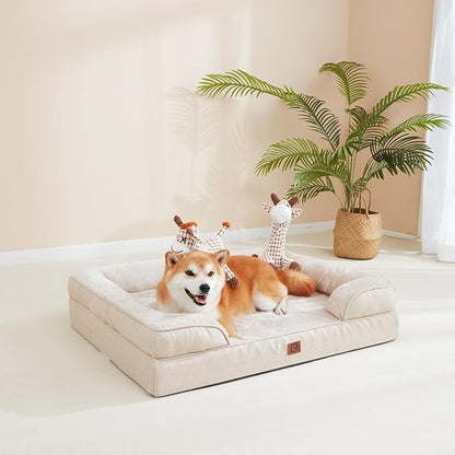 EHEYCIGA Orthopedic Dog Beds for Extra Large Dogs, Waterproof Memory Foam XXL Dog Bed with Sides, Non-Slip Bottom and Egg-Crate Foam Big Dog Couch Bed with Washable Removable Cover, Beige