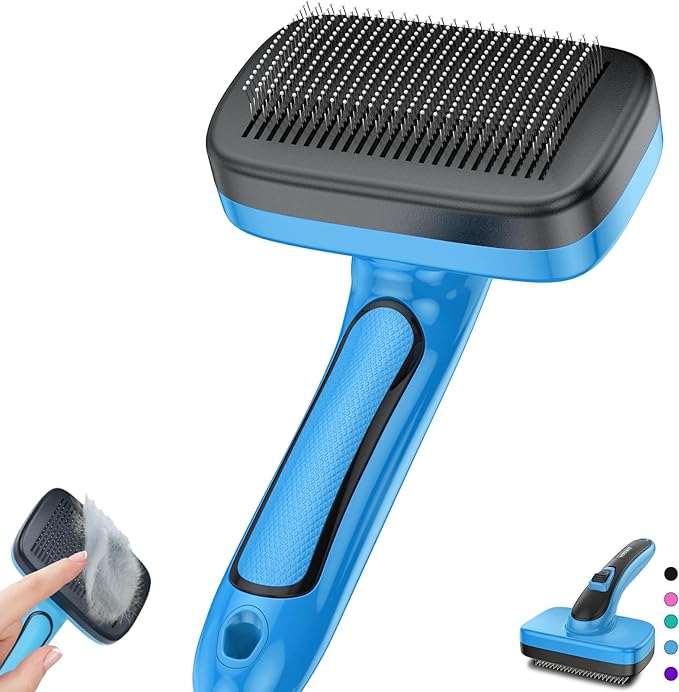 Dog Brush for Shedding, Self-Cleaning Slicker Brush, Perfect for Short & Long Haired Pets, Removes Mats, Tangles, Loose Fur, Gentle on Skin, Ideal for Small, Medium, Large Dogs. Blue