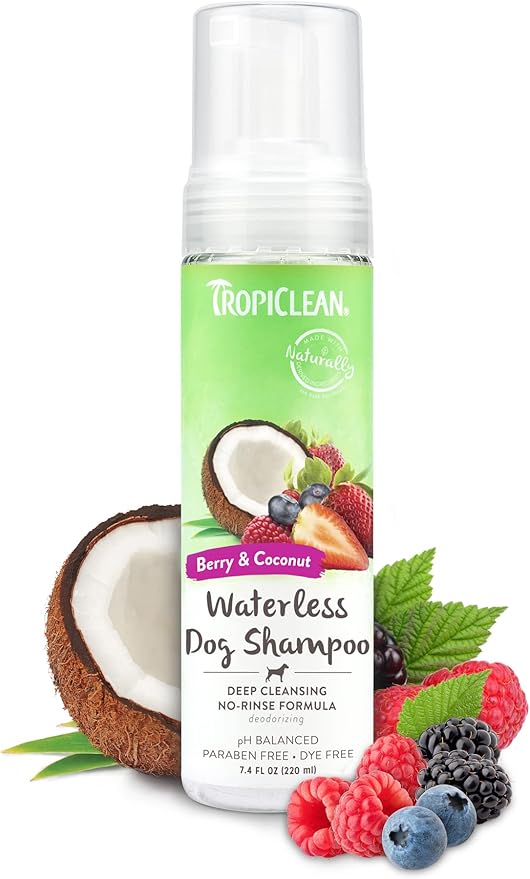 TropiClean No Rinse Waterless Dog Shampoo | Detangling and Deodorizing Dry Shampoo for Smelly Pets | Moisturizes Dry Skin | USA Made | Berry Scent | 7.4oz