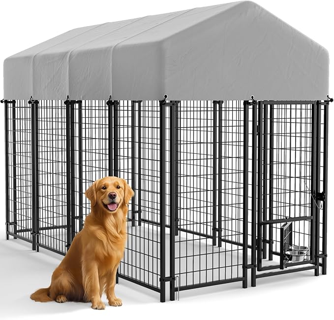 Greesum Large Outdoor Dog Kennel, Heavy Duty Welded Wire Steel Dog Playpen Fence with Secure Lock/UV-Resistant Waterproof Roof Cover/Rotaing Feeder Bowls, for Small/Medium/Large Dogs, XL