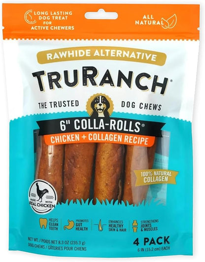 TRURANCH Collagen Rolls - 6" Collagen Rolls for Dogs - Long Lasting Healthy Joint Support Dog Treat - Rawhide Alternative - Skin & Coat Health - Made with Real Chicken, 1 Bag, 4 Count