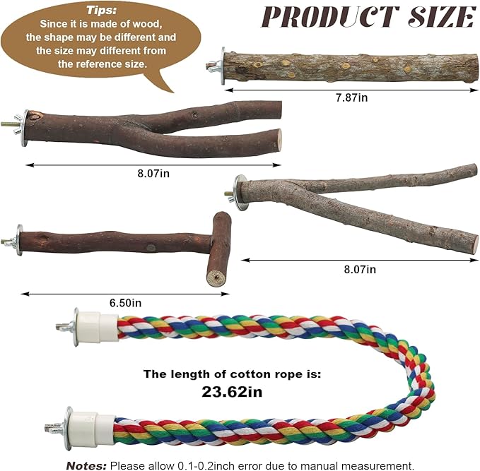 Bird Perch 5PCS Natural Wood Stand Parrot Toy and 1PC Bird Rope Perches for Parrots, Cockatiels, Parakeets, Budgie,Finches