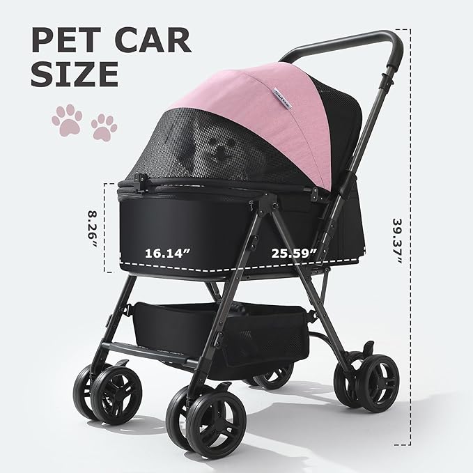 SWITTE Dog Stroller for Small Medium Dogs, Foldable Cat Pet Stroller with Reversible Handlebar, 4 Universal Wheels, Portable Puppy Dog Jogging Stroller with Waterproof Pad, Pink