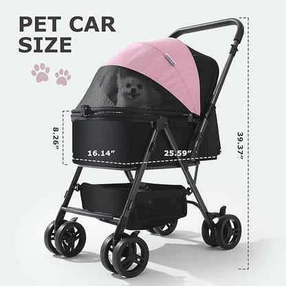 SWITTE Dog Stroller for Small Medium Dogs, Foldable Cat Pet Stroller with Reversible Handlebar, 4 Universal Wheels, Portable Puppy Dog Jogging Stroller with Waterproof Pad, Pink