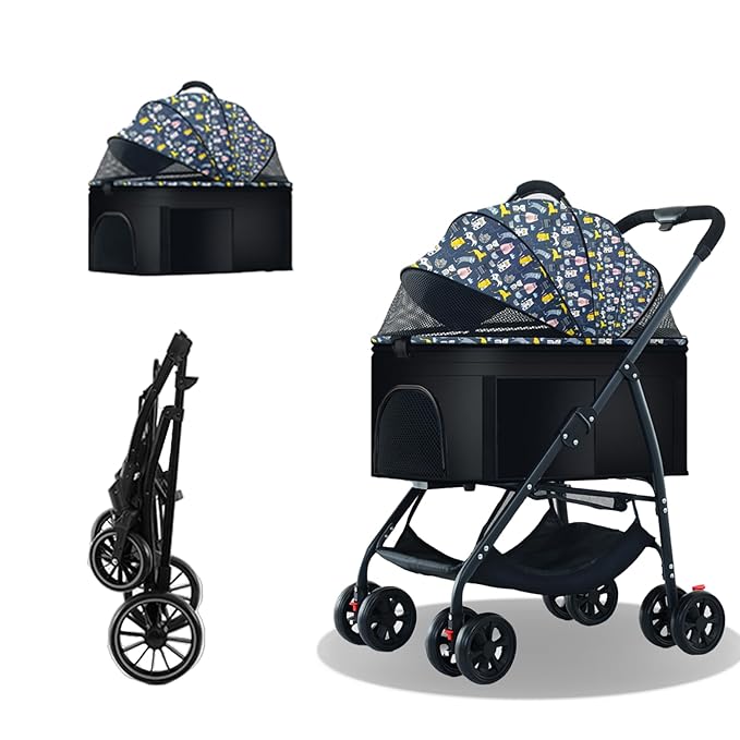Pet Stroller 3 in 1 Folding Lightweight Dog Stroller with Detachable Carrier & Storage Basket, Premium 4 Wheels Travel Stroller for Small/Medium Pet (Blue)