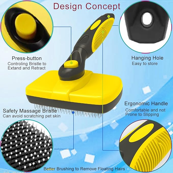 Self Cleaning Slicker Brushes for Pets,Dog Brush for grooming, Gently Removes loose hair, Fur, Undercoat & Tangled Hair,Massaging Tool Suitable for Dog or Cat,Dog Brush or Cat Brush. (Yellow)