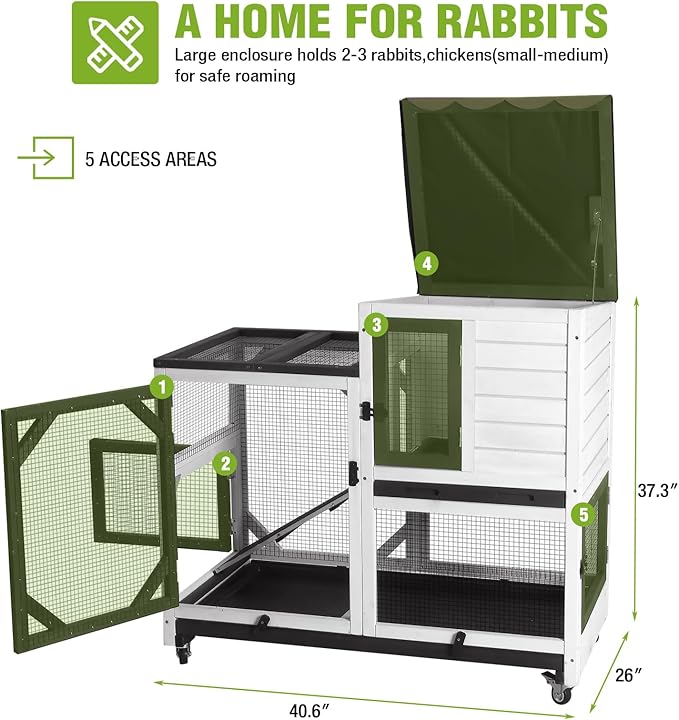 GUTINNEEN Rabbit Hutch Indoor Rabbit Cage with Wheels Outdoor Bunny House 2 Story Guinea Pig Cage with Leakproof Tarp Roof (White)