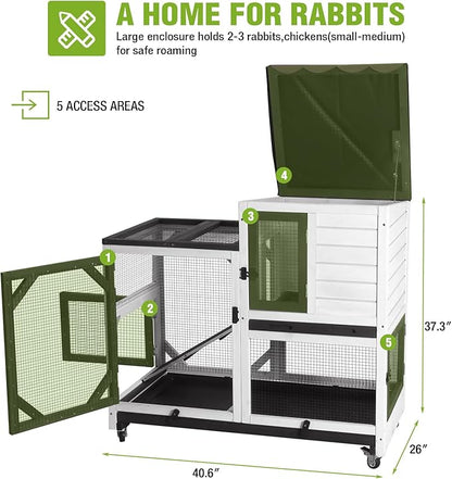 GUTINNEEN Rabbit Hutch Indoor Rabbit Cage with Wheels Outdoor Bunny House 2 Story Guinea Pig Cage with Leakproof Tarp Roof (White)