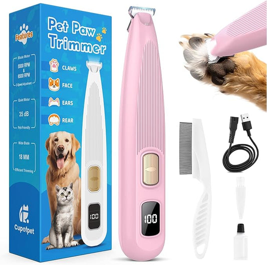 Dog Paw Trimmer with LED Light, 35dB Low Noise Precision Pet Paw Trimmer for Dogs Cats Grooming Clippers, 2 Speed Safety Electric Paw Hair Trimmer for Paws, Ears, Rump, Face, Eyes (Pink)