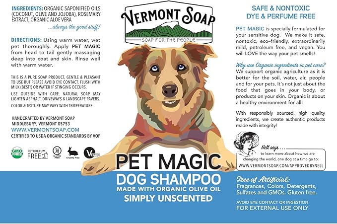 VERMONT SOAP Organics Pet Shampoo - Infused with Organic & Natural Olive Oil, Coconut & Aloe Vera Dog Shampoo for Sensitive Skin - USDA Certified Grooming, Unscented - 5 Gallon