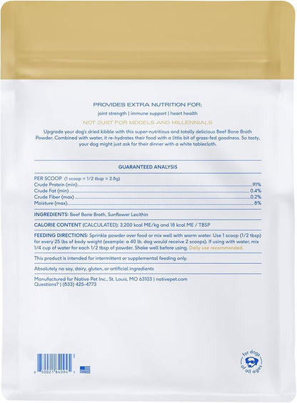 Native Pet Bone Broth for Dogs and Cats - Made with Real Beef Bone Broth, Dog Food Toppers for Picky Eaters- Provides Extra Hydration & Nutrition for Joint Strength, Immunity & Heart Health-192 Scoops