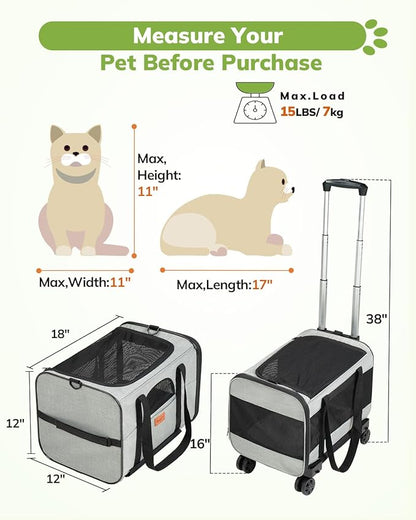 Morpilot Cat Carrier with Wheels Airline Approved, Pet Dog Carrier with Wheels for Small Dogs, Rolling Cat Carrier for Cats Puppy, Stroller Detachable and Foldable Pet Travel Bag (Large - Light Gray)