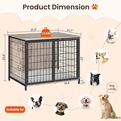 Dog Crate Furniture with Cushion, Wooden Dog Kennel with Double Doors, Heavy Duty Dog Cage for Small/Medium/Large Dogs, Indoor Dog House End Table, 31.5" L, Greige DCHG0701