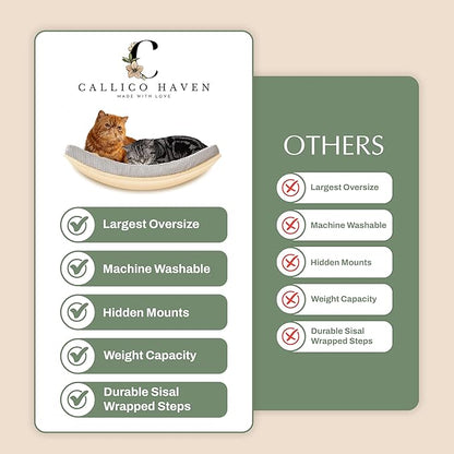 Extra Large 23.6”×14.6” CALLICO HAVEN- Stylish Cat Wall Shelves with Curved Design, Modern Wall-Mounted Cat Tree Hammock with Soft Cushion, Sturdy/Hidden Mounts, Washable Cover, Sleek Design -C Shape