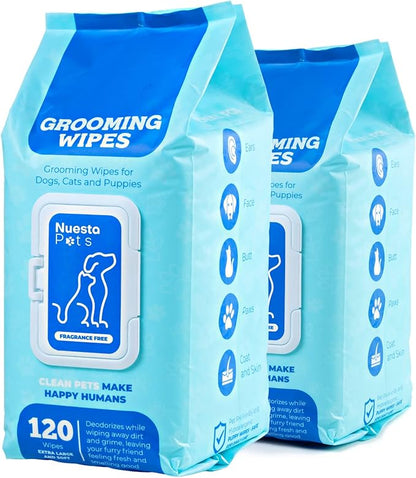 Pets XL Hypoallergenic Pet Wipes - Deodorizing No Bath Cleaning for Dogs & Puppy Grooming Ear, Face, Butt, Paw Wet Wipe w/Aloe, Chamomile, Oat Amino Acids | 2 Packs of 120 Wipes