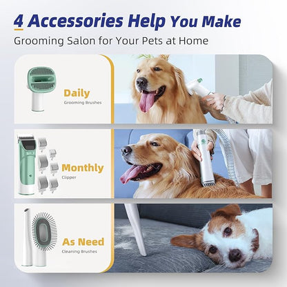 Dog Grooming Kit with Vacuum, All-in-One Pet Grooming Vacuum for Dogs and Cats, Low Noise Pet Hair Clipper & Shedding Brush, Dog Hair Remover, Cat Pet Groomer Set with Cleaning Brushes, Green