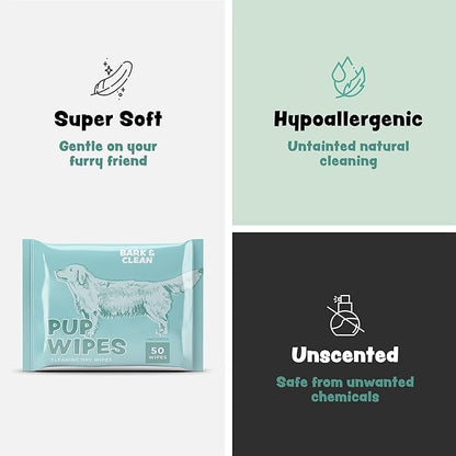 Bark & Clean Dry Dog Wipes, Dog Grooming Supplies - Unscented Non-Woven Dog Cleaning Wipes - Hypoallergenic Dog Wipes for Paws and Butt - Liquid and Chemical Free Pet Wipes - 50