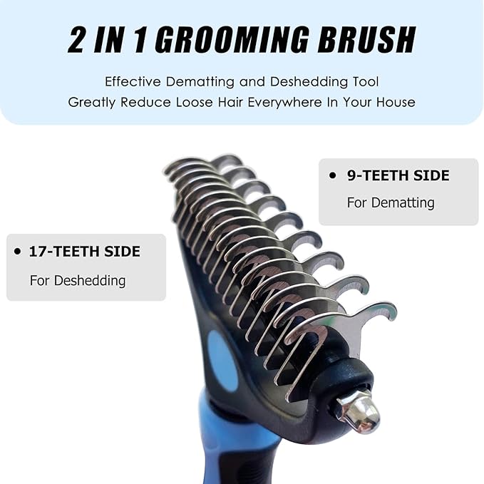Deshedding Dog Brush And Metal Comb, Cat Brush Dog Brush Undercoat Rake for Dogs & Cats, Pet Grooming Brush For Shedding, Dematting, Pet Hair Removal Tool For Long Haired Dogs, Blue