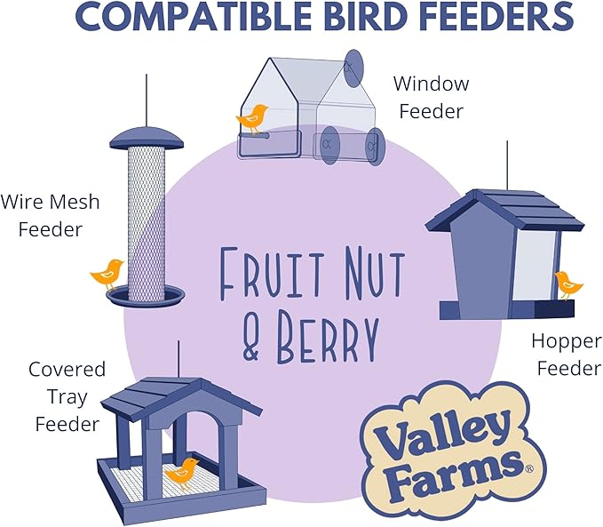 Valley Farms Fruit Nut & Berry (4 LB) Wild Bird Food Outside Feeders, Bird Seed with Dried Fruit, Peanuts, Sunflower, and Safflower, High Energy Mix for Healthy Birds!